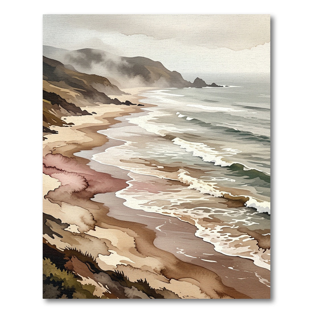 Misty Coastal Shoreline Watercolor Landscape Rug