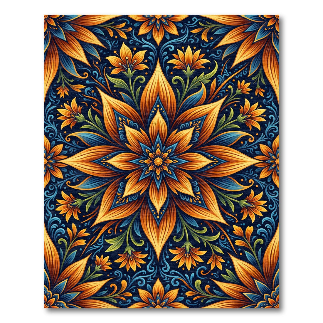 Radiant Golden Blue Floral Mandala Rug