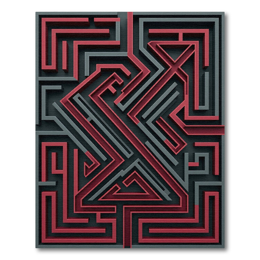 Modern Crimson and Charcoal Geometric Labyrinth Rug