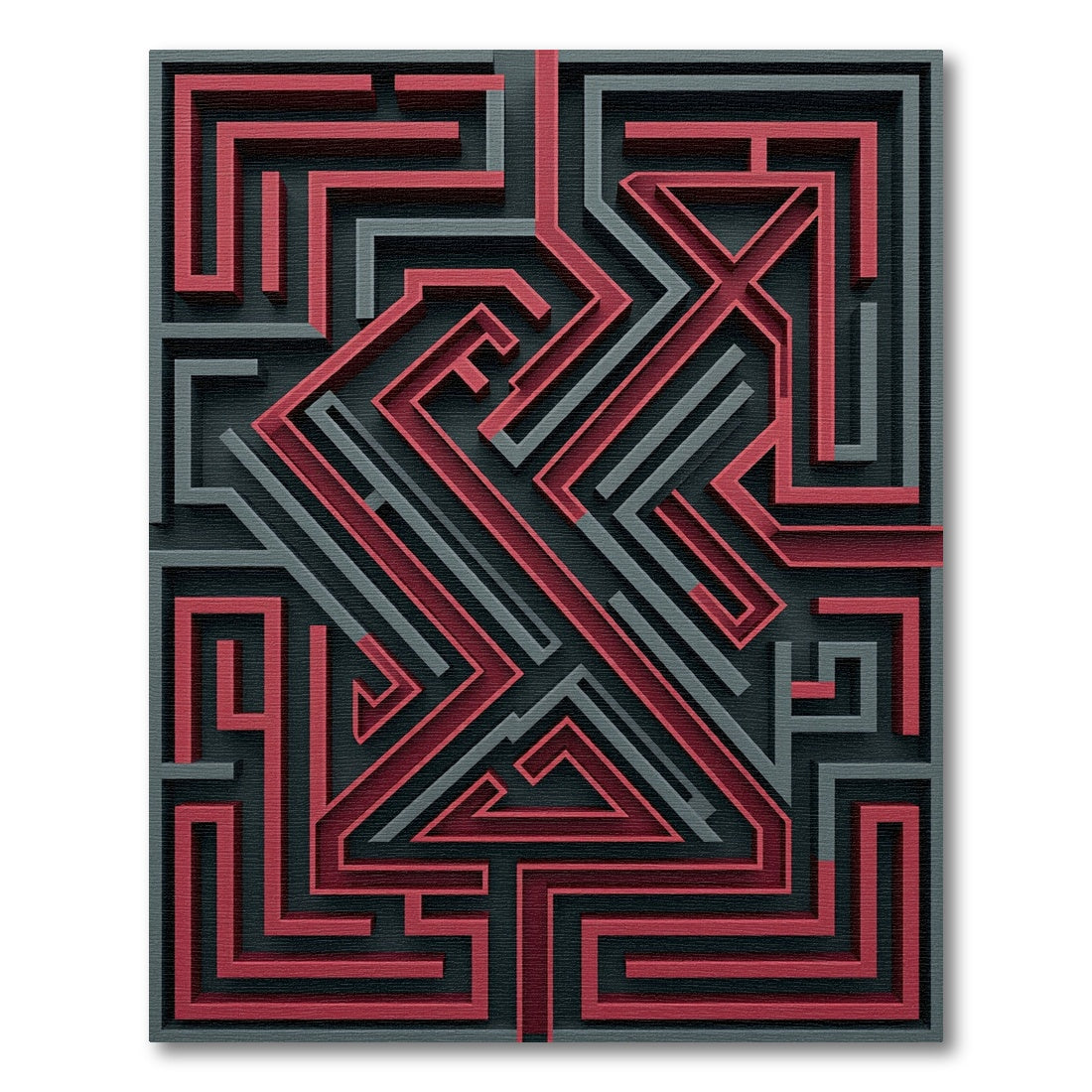 Modern Crimson and Charcoal Geometric Labyrinth Rug
