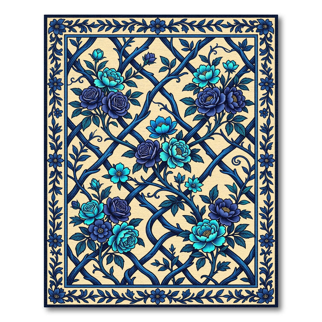 Blue Floral Lattice Botanical Rug