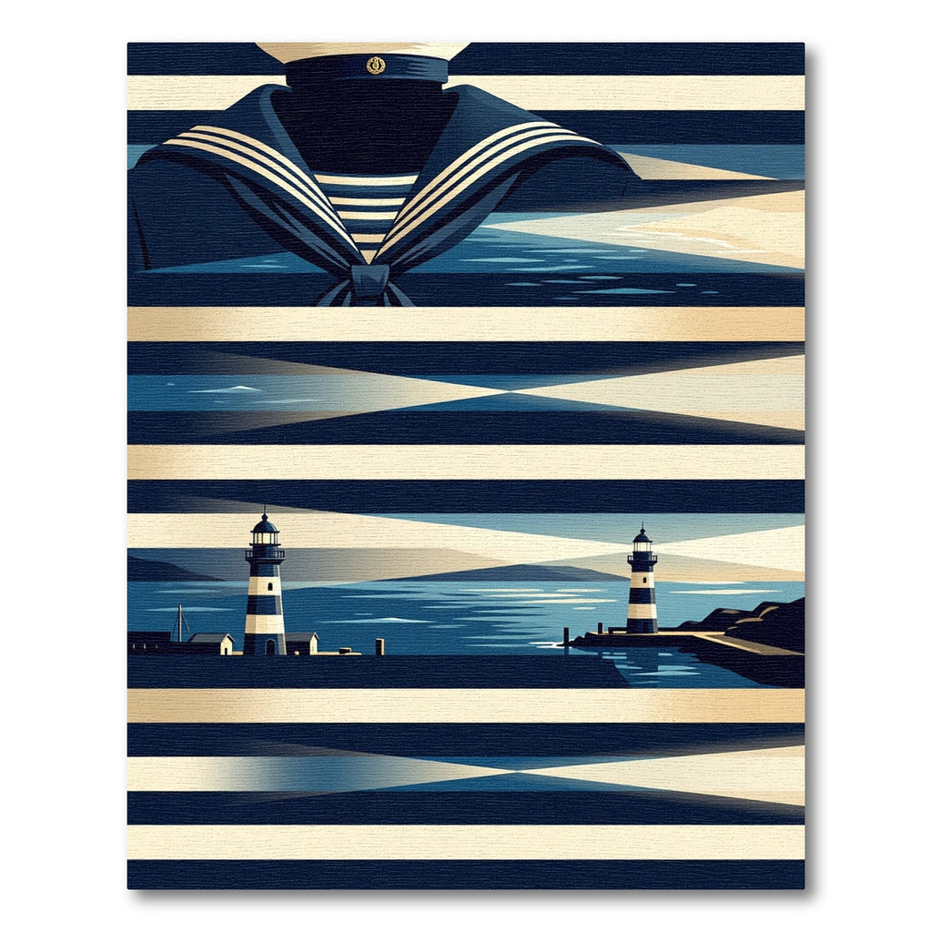 Nautical Navy Striped Lighthouse Coastal Artwork Rug