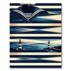 Nautical Navy Striped Lighthouse Coastal Artwork Rug