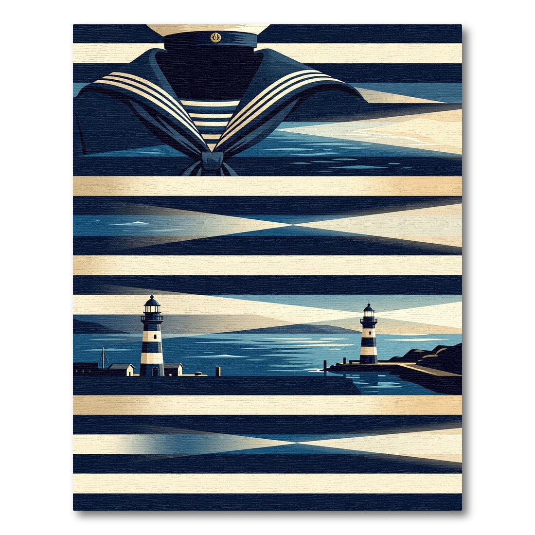 Nautical Navy Striped Lighthouse Coastal Artwork Rug