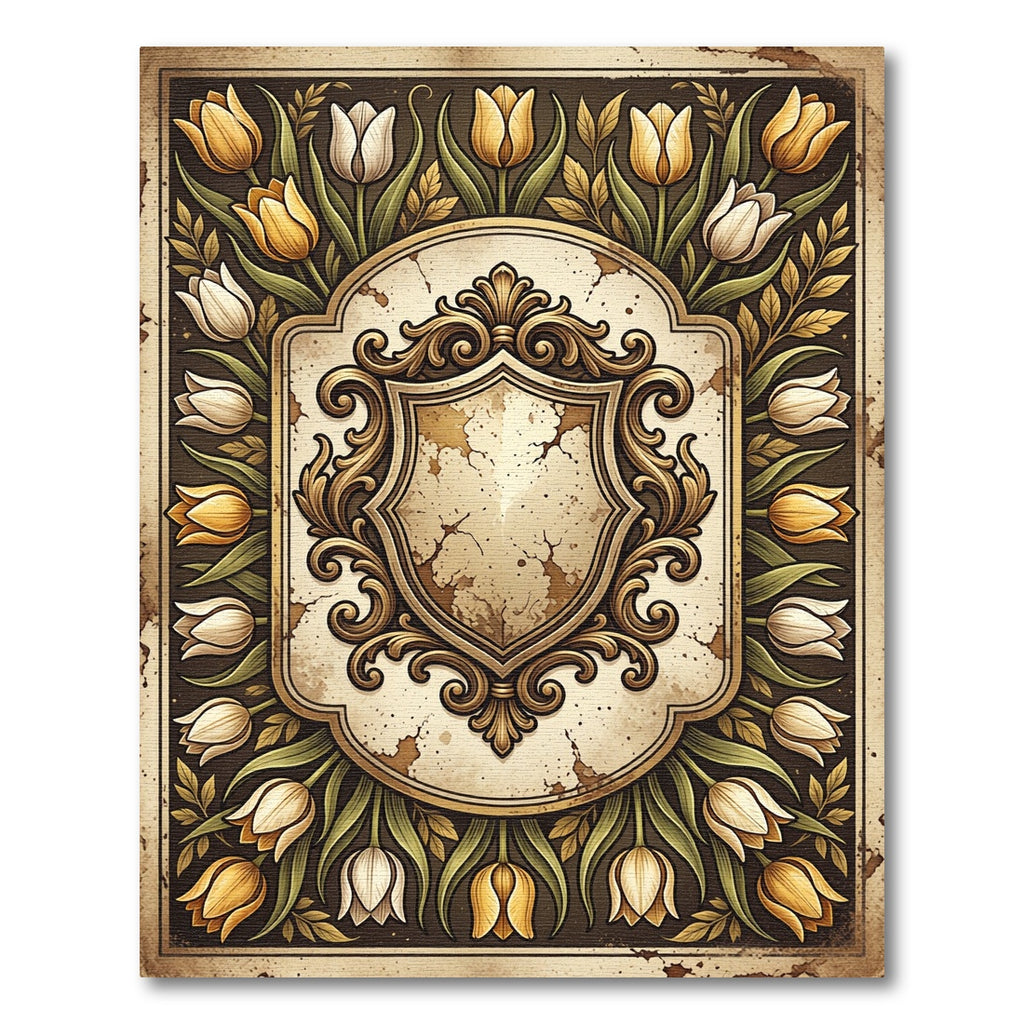 Vintage Golden Tulip Baroque Crest Rug