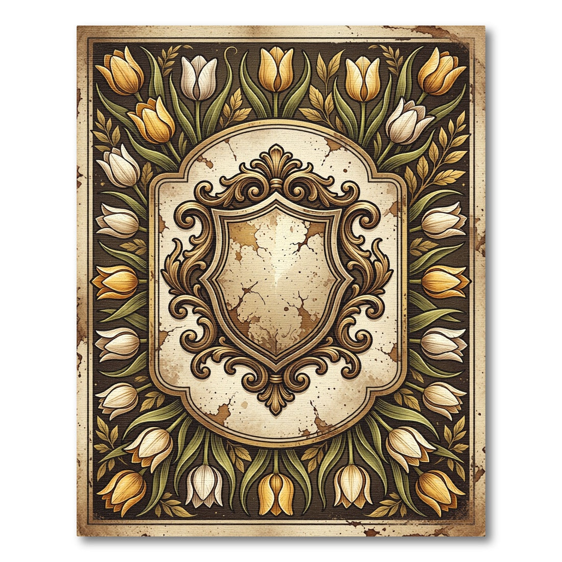 Vintage Golden Tulip Baroque Crest Rug