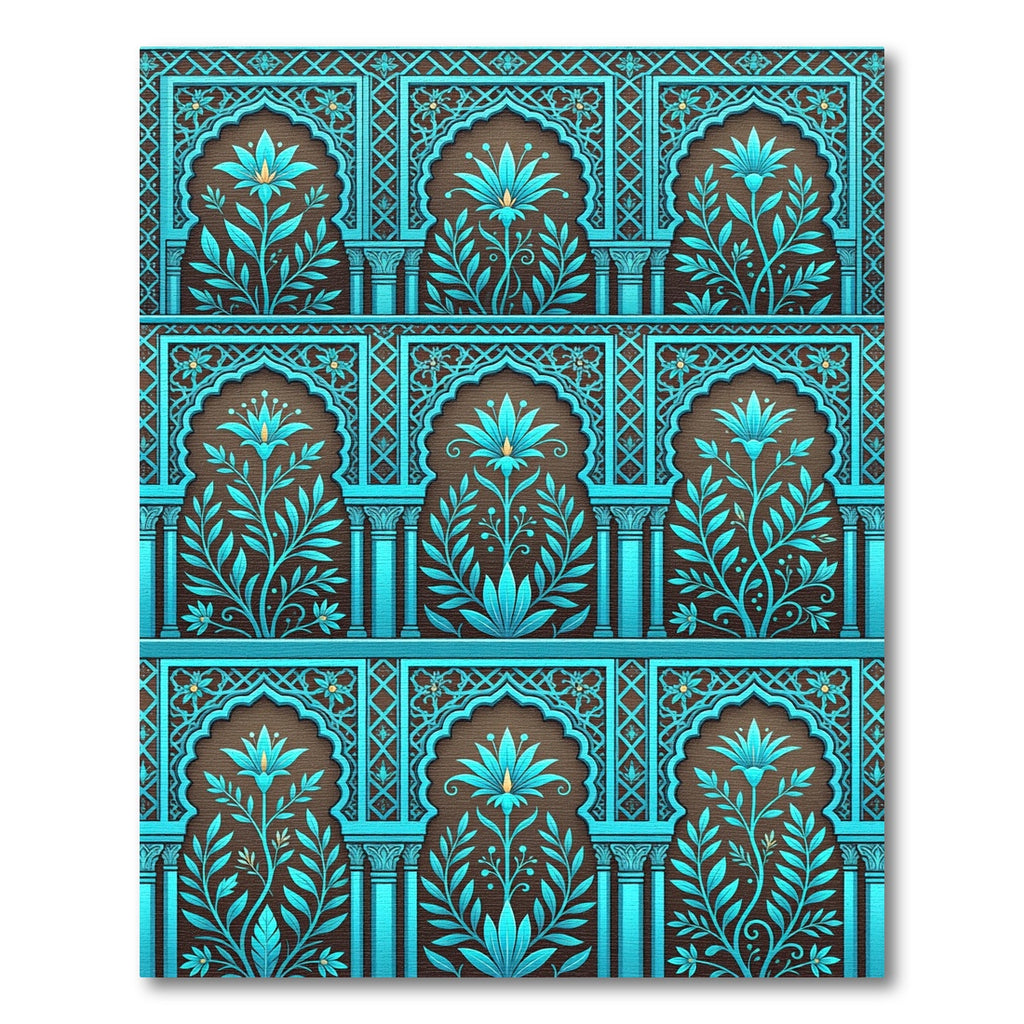 Teal Floral Arched Lattice Wallpaper Rug