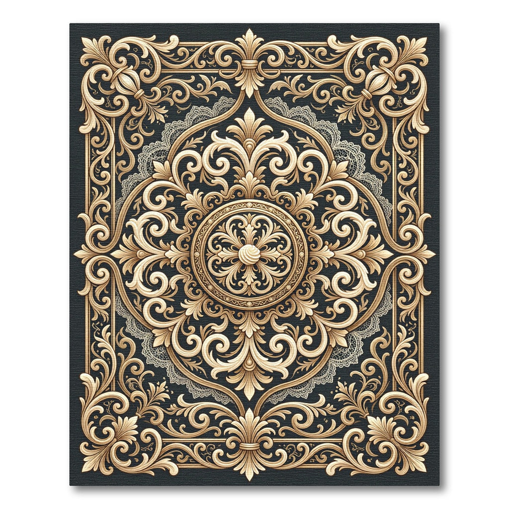 Ornate Gold Filigree Baroque Scrollwork Rug