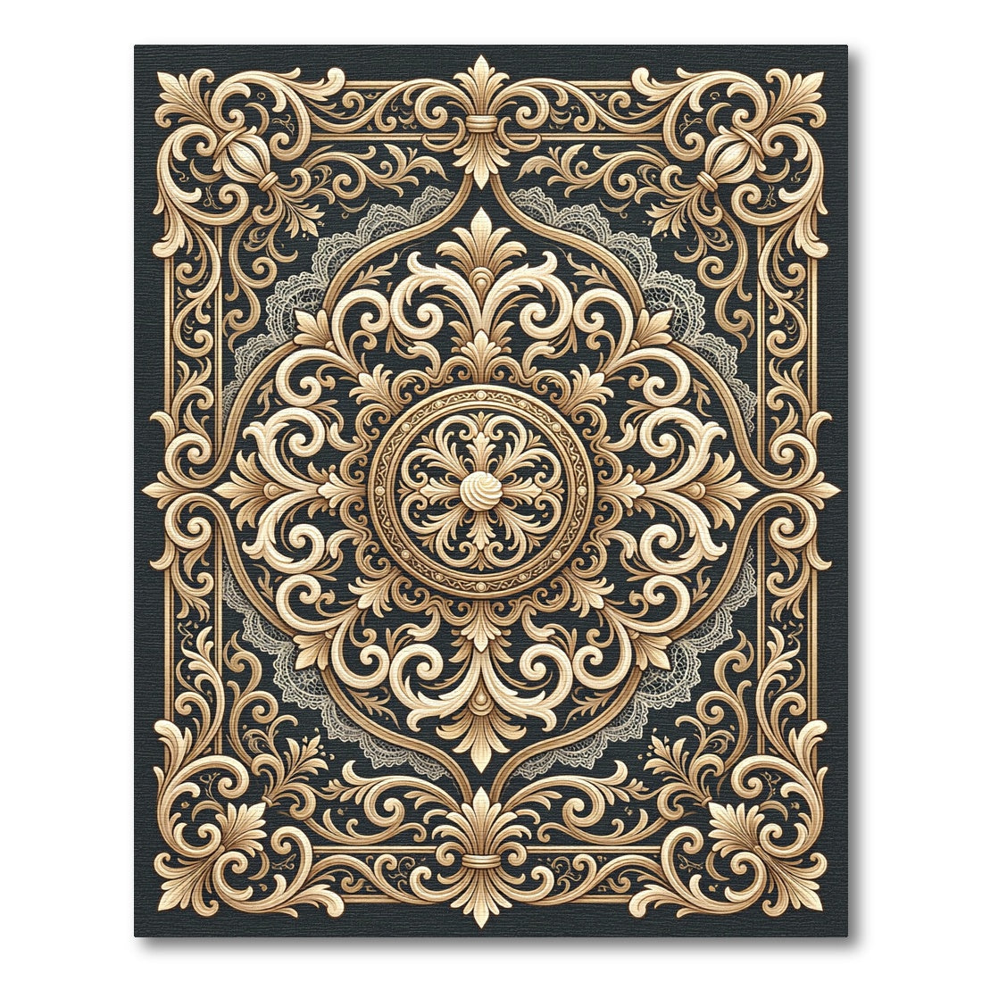 Ornate Gold Filigree Baroque Scrollwork Rug
