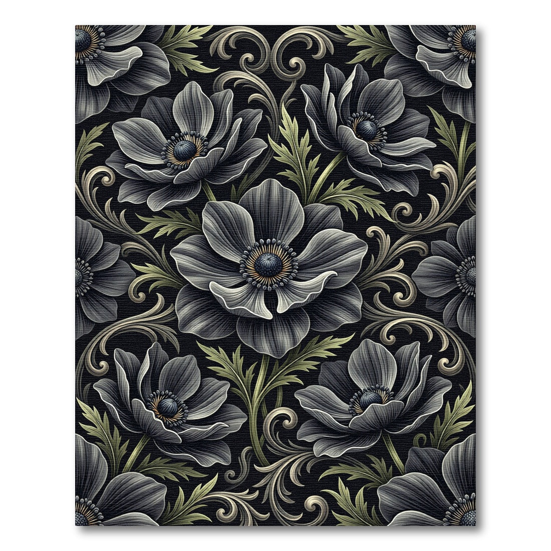 Dark Floral Scrollwork Anemone Rug