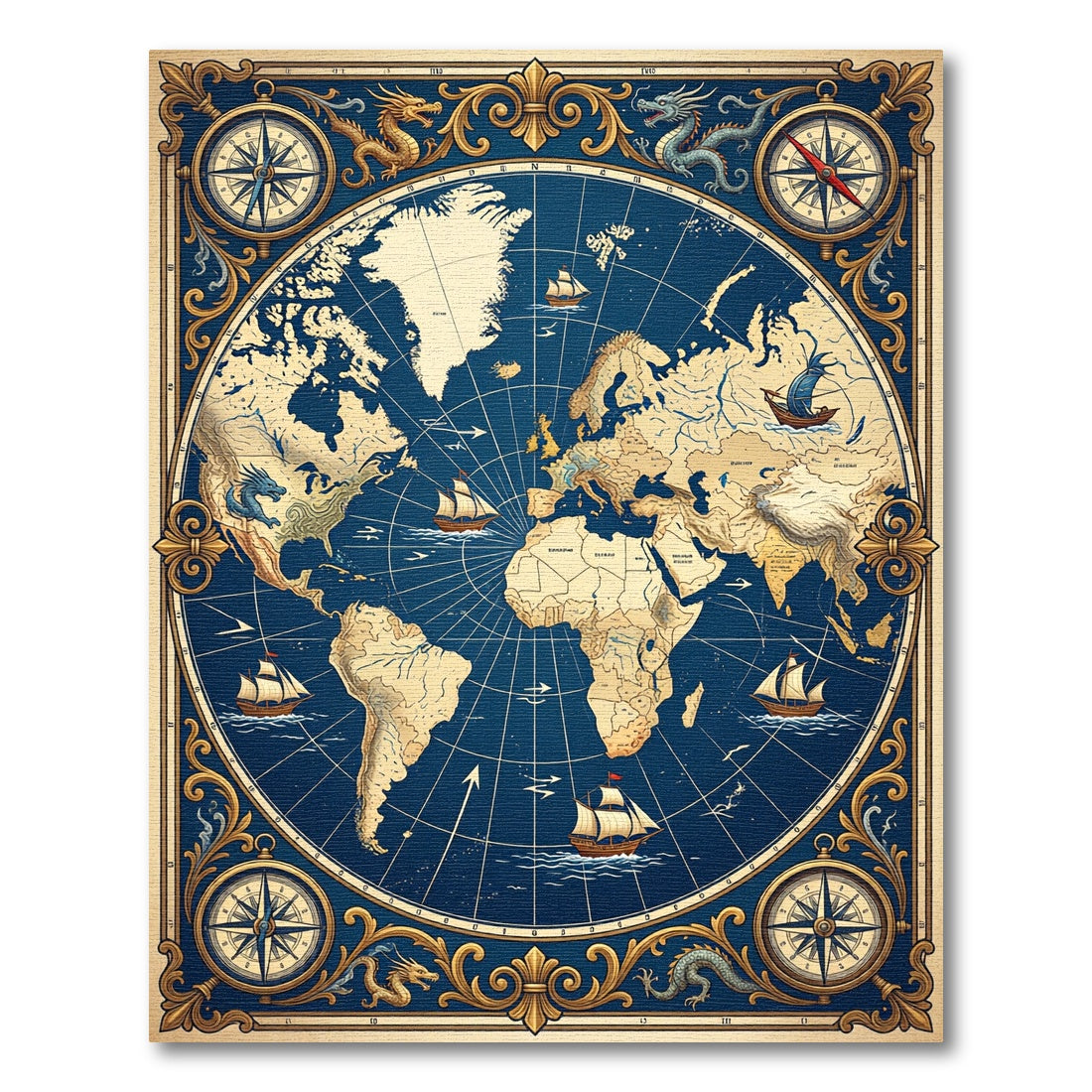 Antique World Map Dragon Compass Rug
