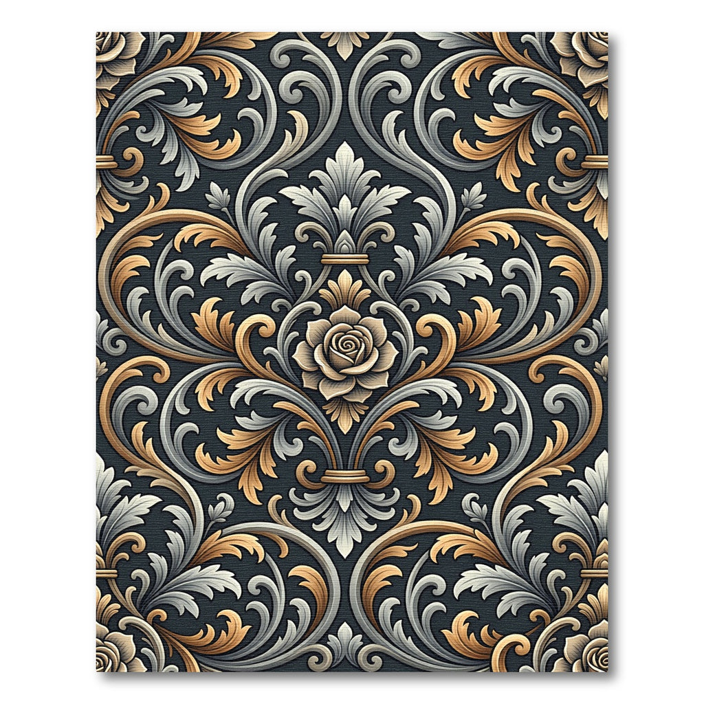 Ornate Gold Silver Floral Damask Rug