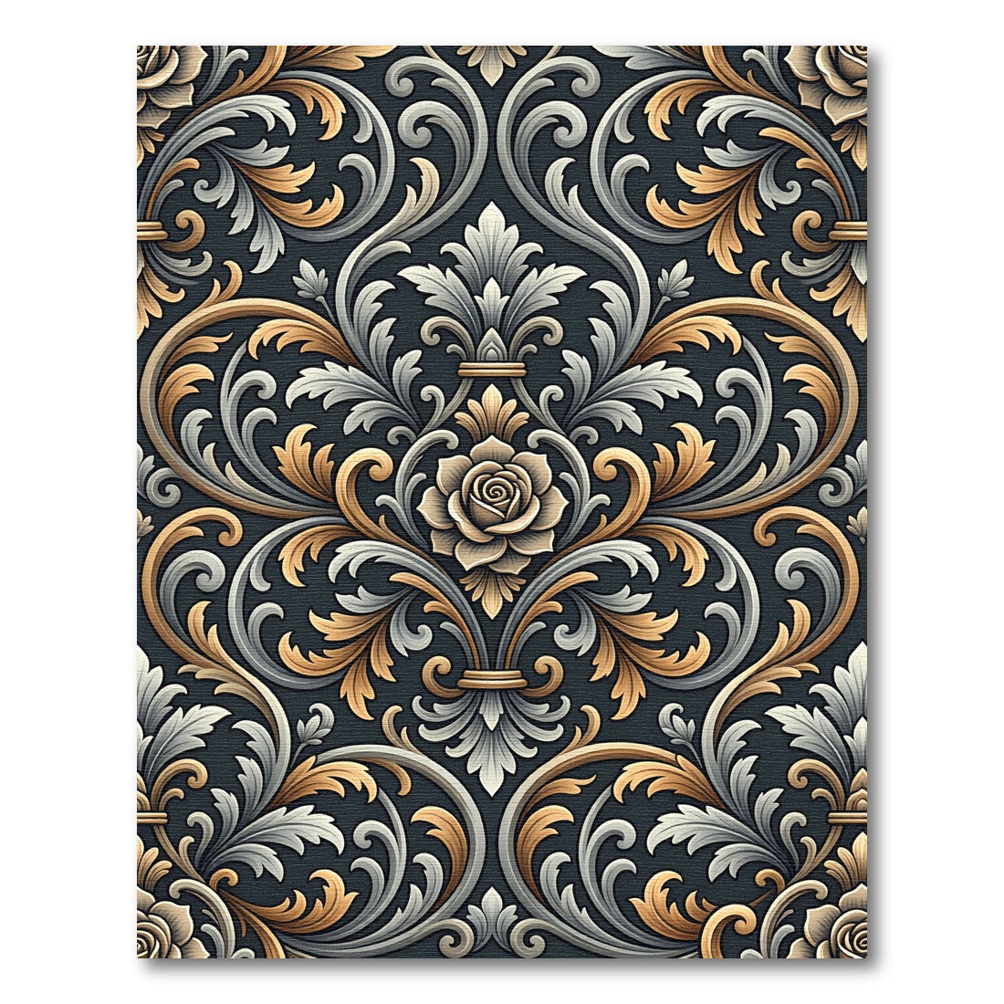 Ornate Gold Silver Floral Damask Rug