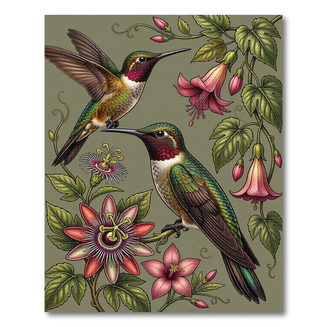 Hummingbird Botanical Garden Floral Illustration Rug