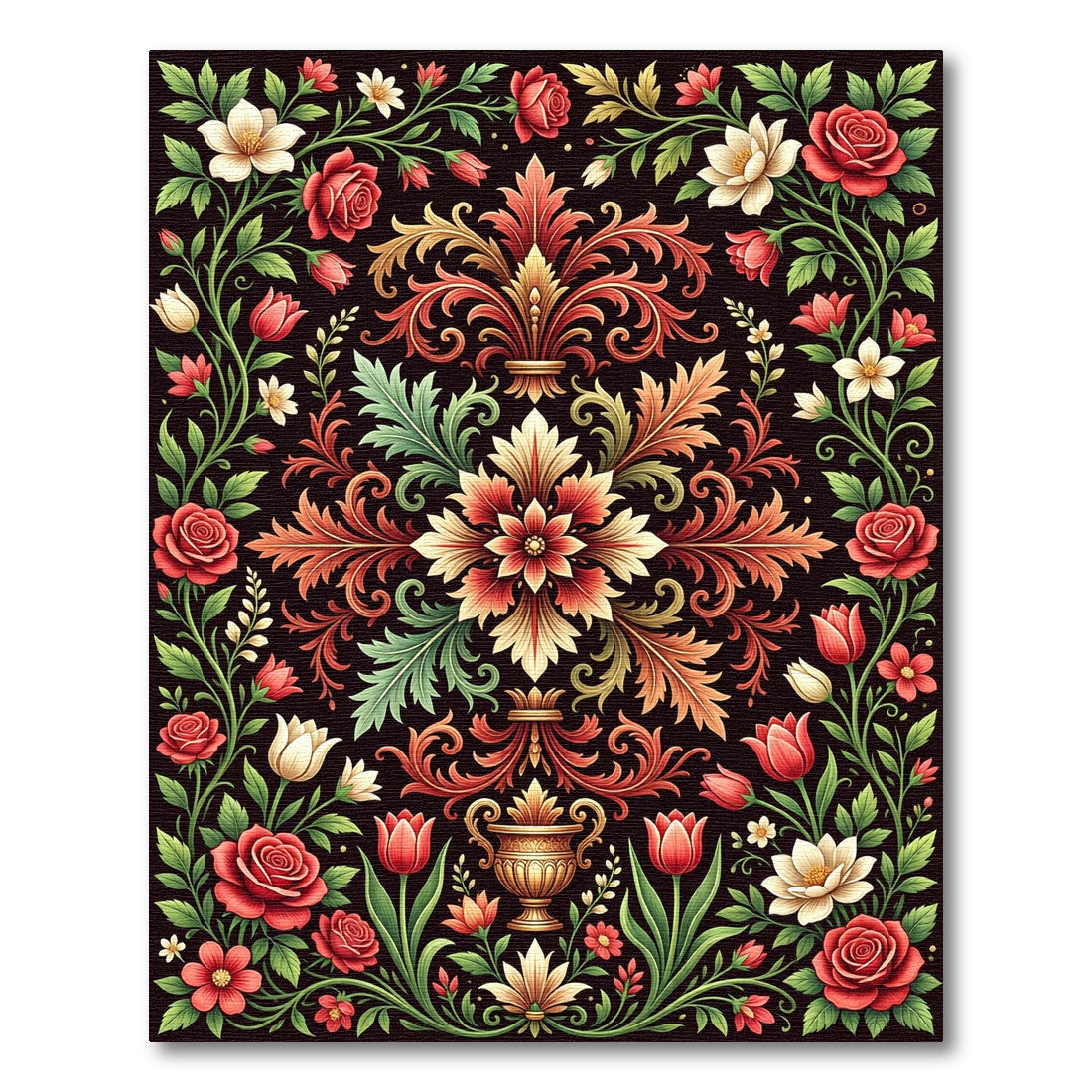 Ornate Crimson Floral Foliage Medallion Rug