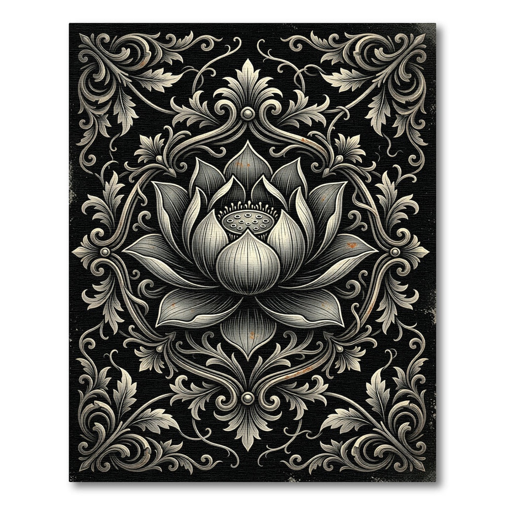 Elegant Monochrome Lotus Floral Damask Rug
