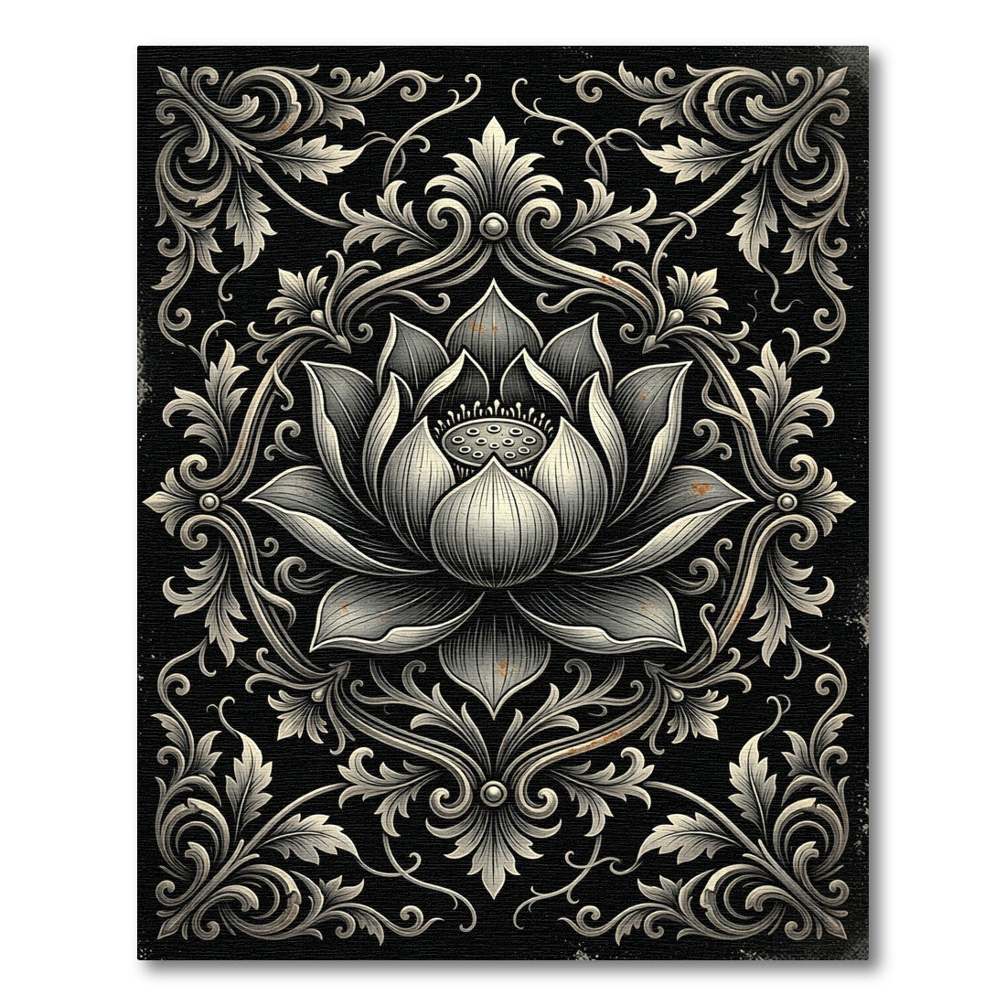 Elegant Monochrome Lotus Floral Damask Rug