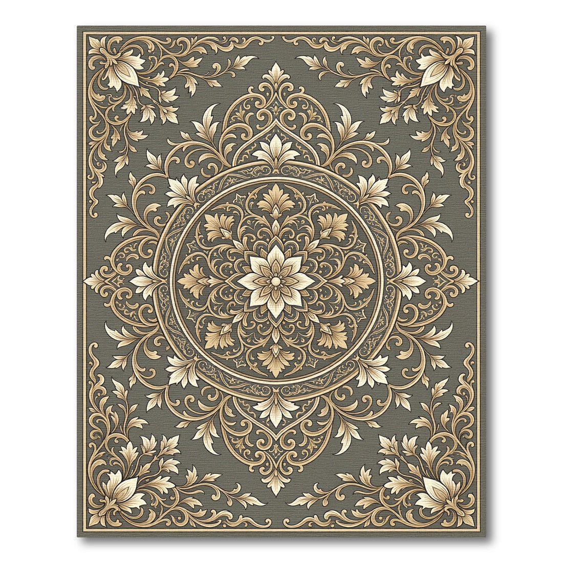 Antique Gold Floral Frame Scroll Rug