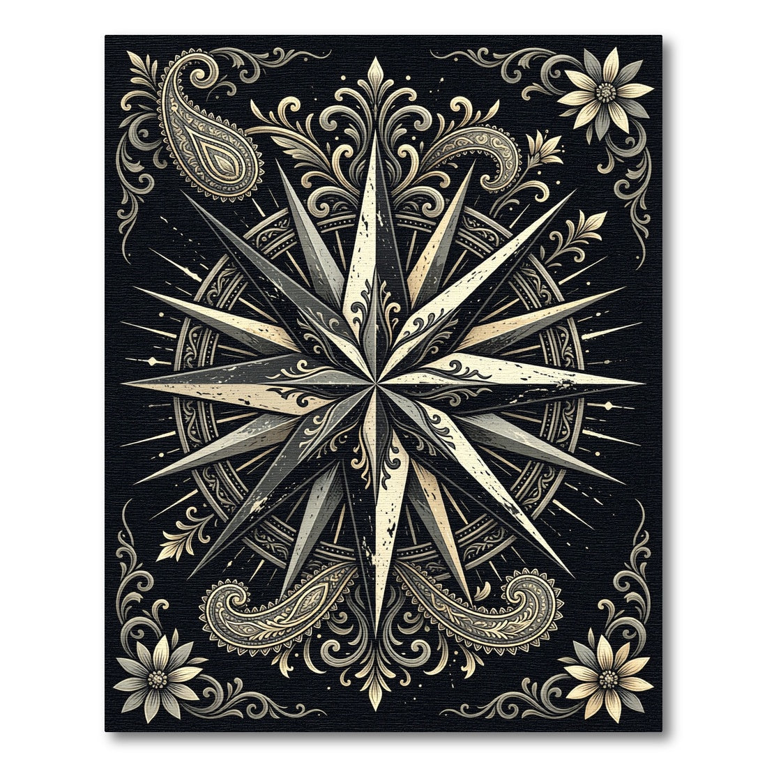 Monochrome Victorian Compass Floral Medallion Rug