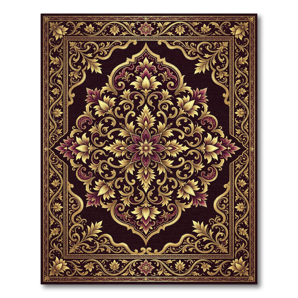 Ornate Deep Burgundy Golden Damask Foliage Rug