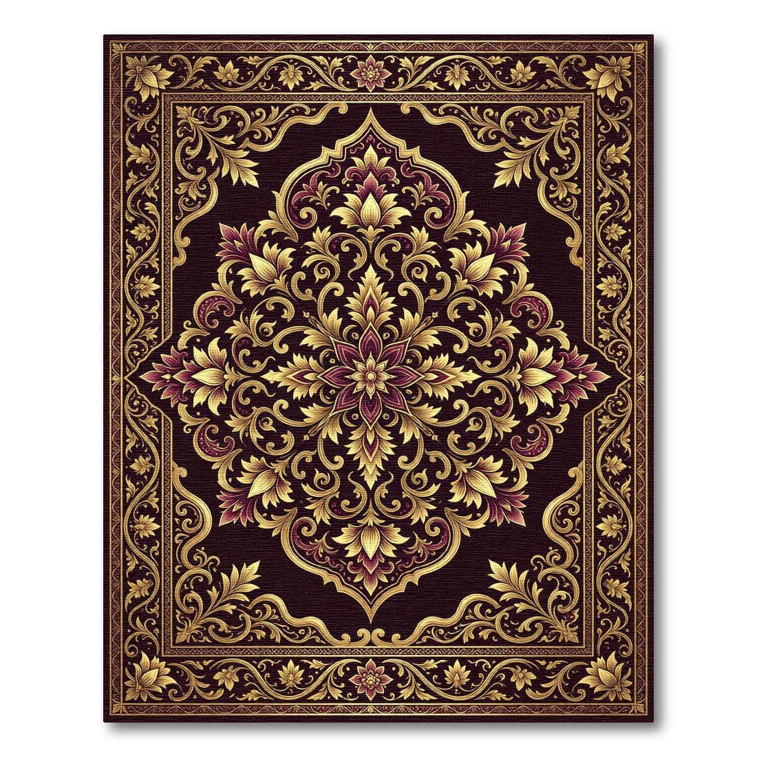 Ornate Deep Burgundy Golden Damask Foliage Rug