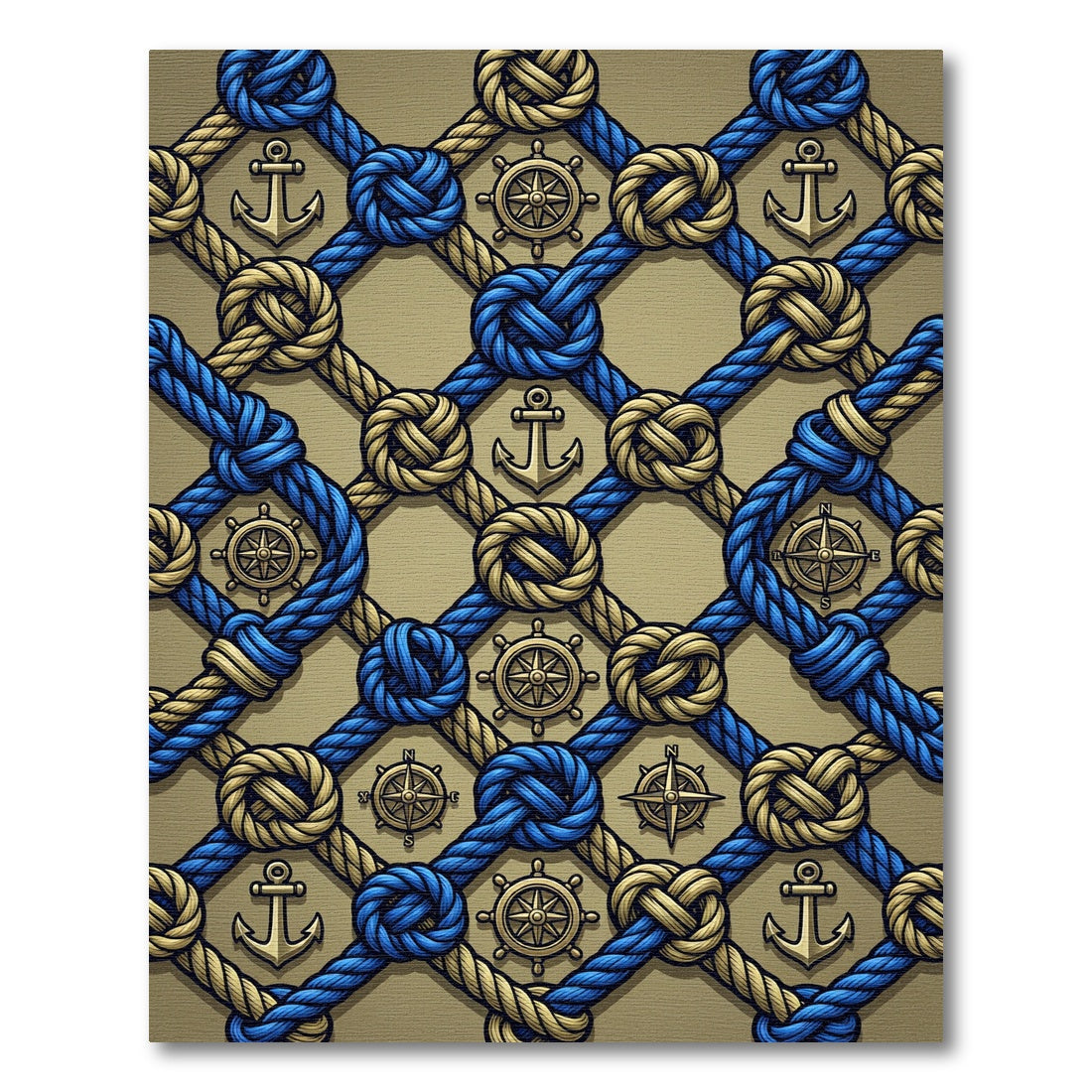 Nautical Blue Gold Rope Anchor Compass Rug