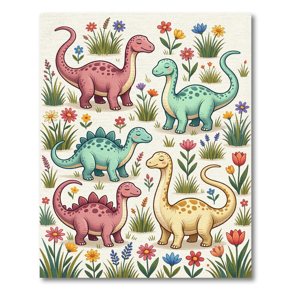 Colorful Pastel Dinosaur Meadow Garden Rug
