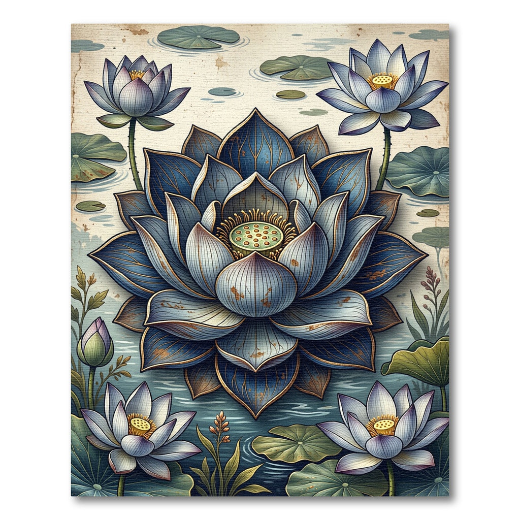 Elegant Blue Lotus Botanical Watercolor Rug