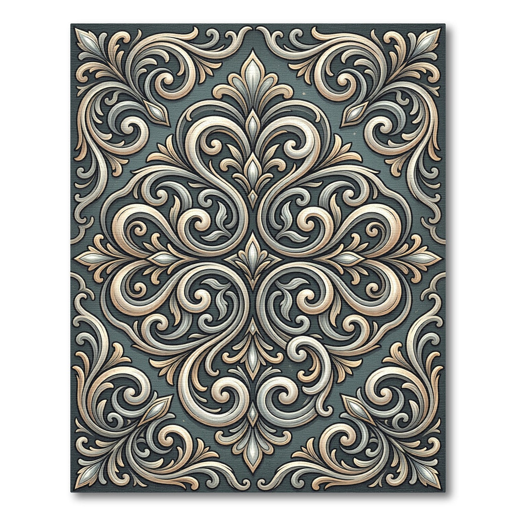 Elegant Ivory Scrollwork Teal Ornament Rug