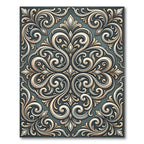 Elegant Ivory Scrollwork Teal Ornament Rug