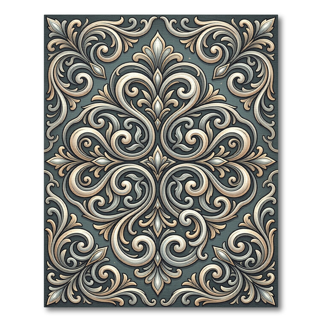 Elegant Ivory Scrollwork Teal Ornament Rug