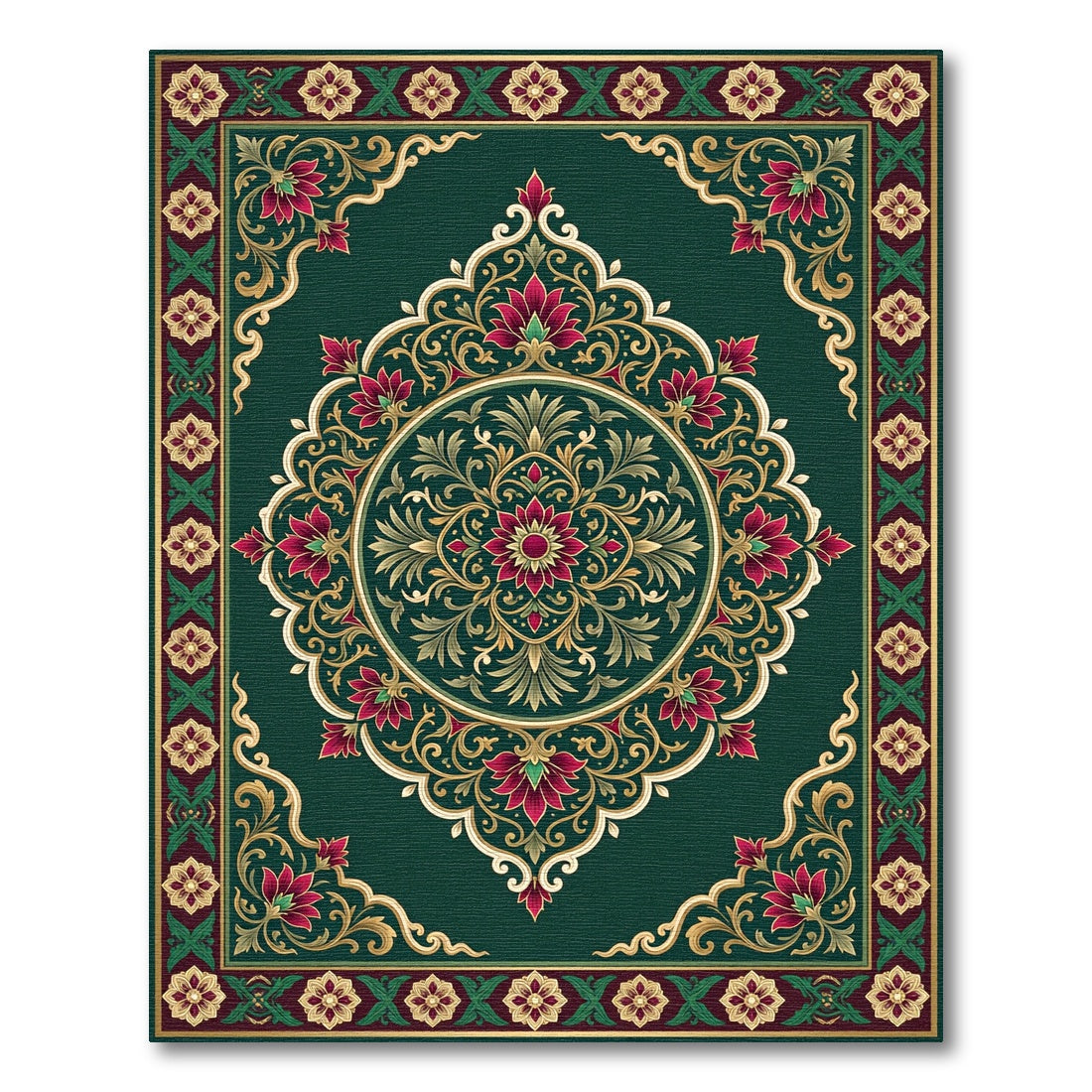 Emerald Deep Rose Ornate Floral Medallion Rug
