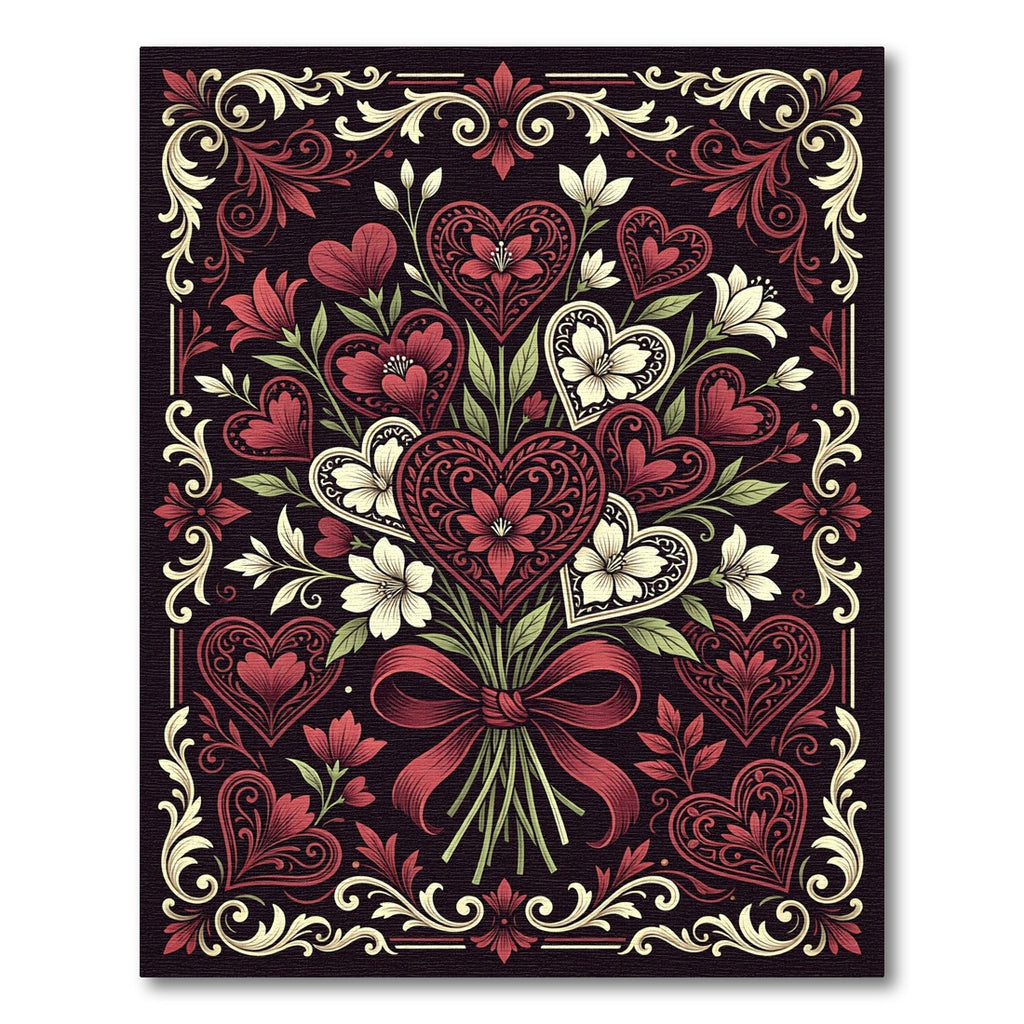 Intricate Red Heart Floral Bouquet Border Rug