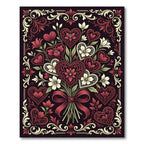 Intricate Red Heart Floral Bouquet Border Rug
