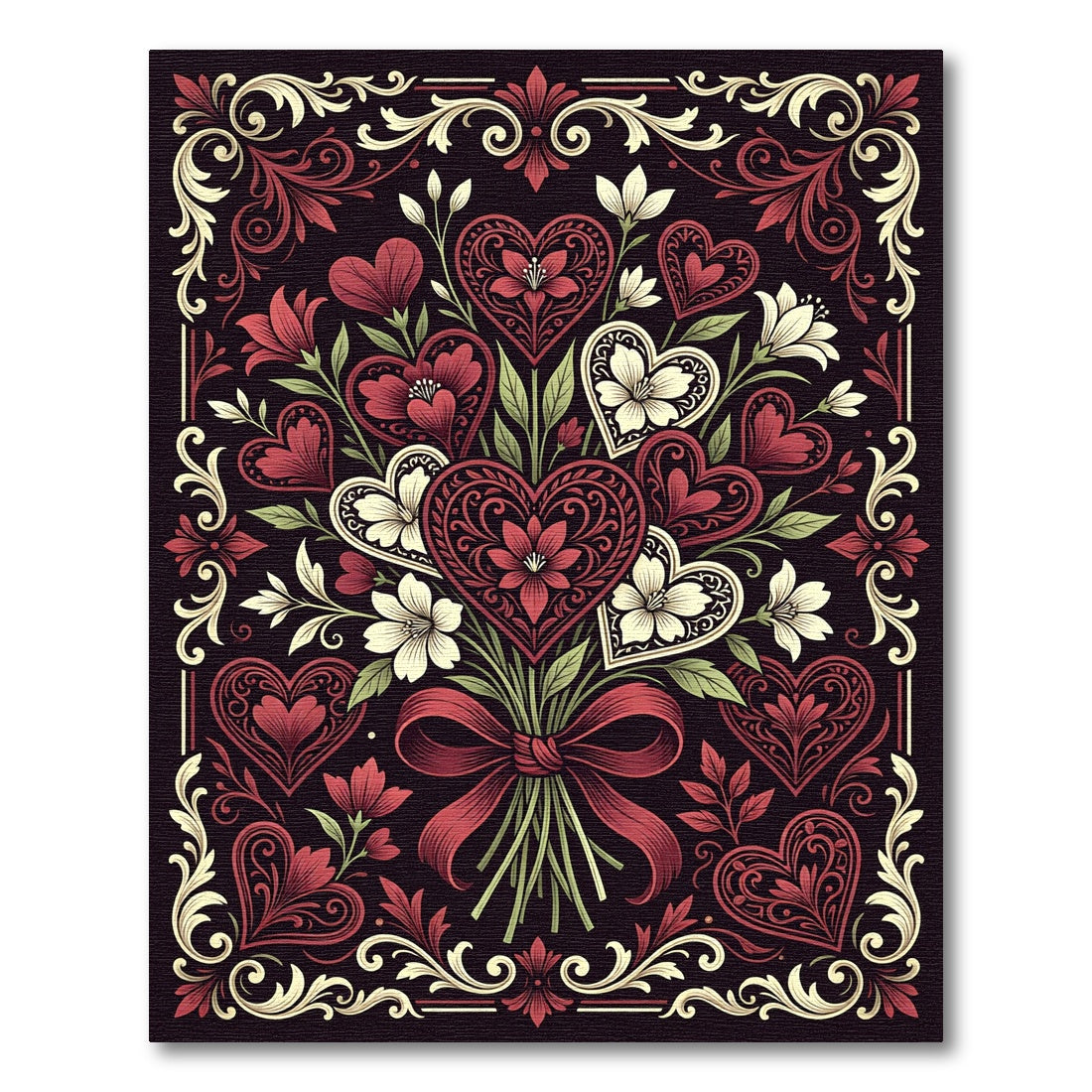 Intricate Red Heart Floral Bouquet Border Rug