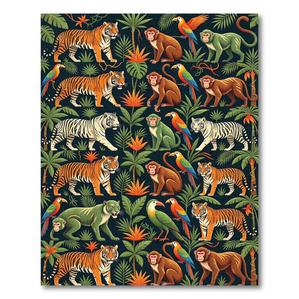 Vibrant Tropical Jungle Tiger Monkey Parrot Rug