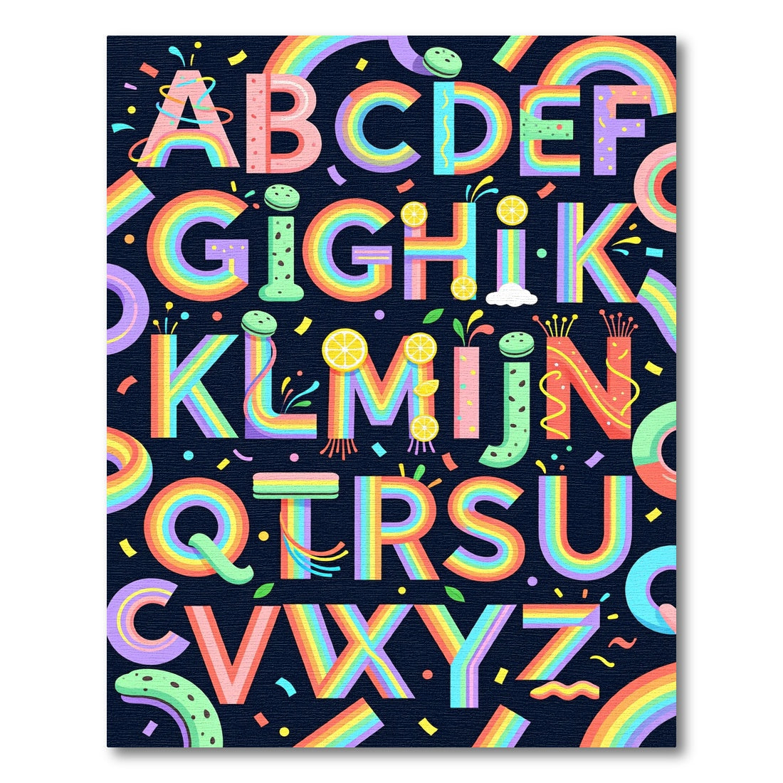 Vibrant Rainbow Alphabet Whimsical Typographic Art Rug