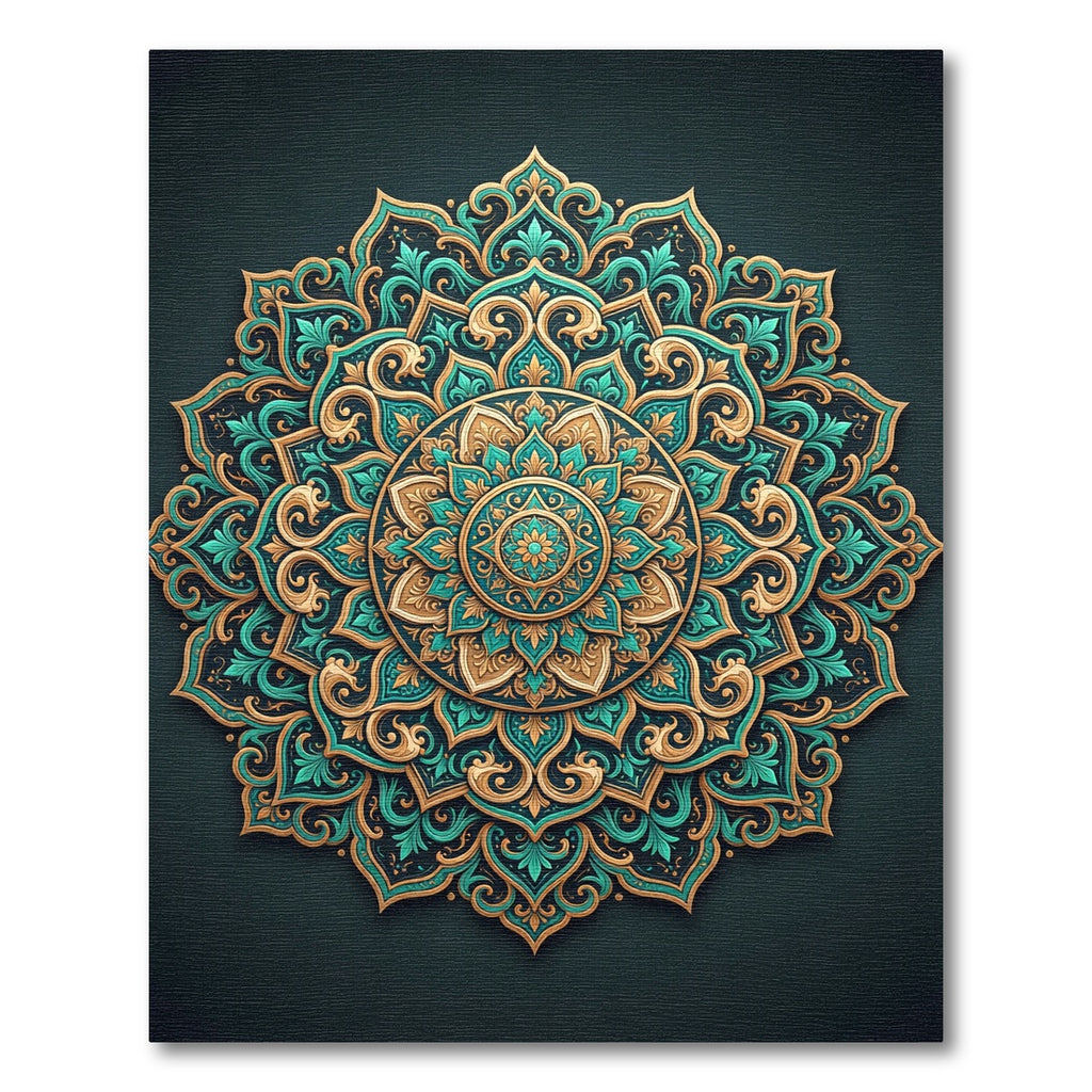 Teal and Golden Ornate Mandala Medallion Rug
