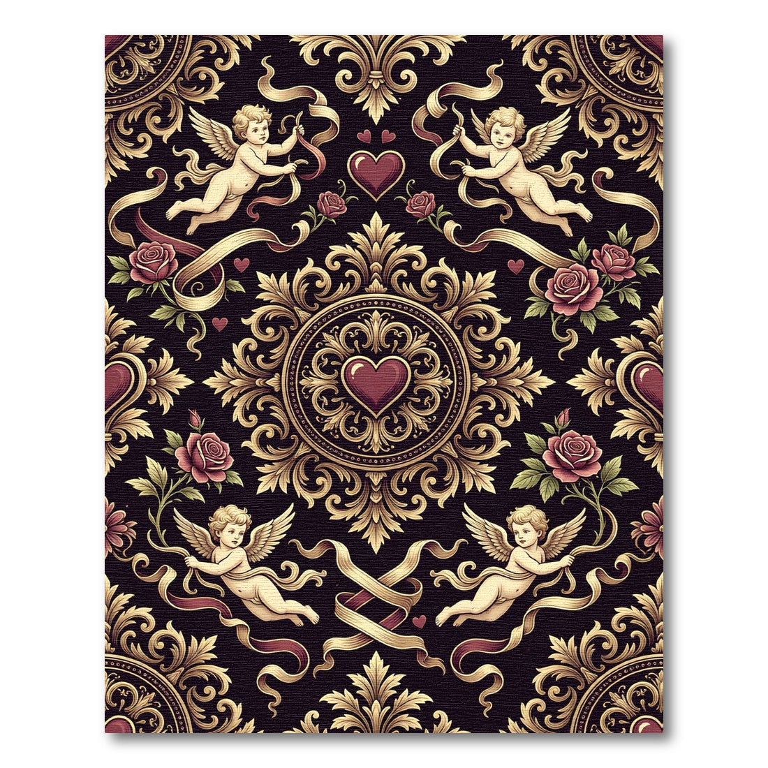 Baroque Cupid Heart Floral Damask Rug