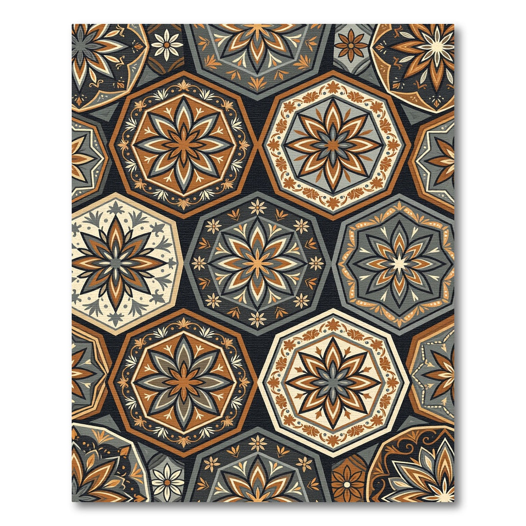 Earthy Geometric Floral Hexagon Mosaic Rug