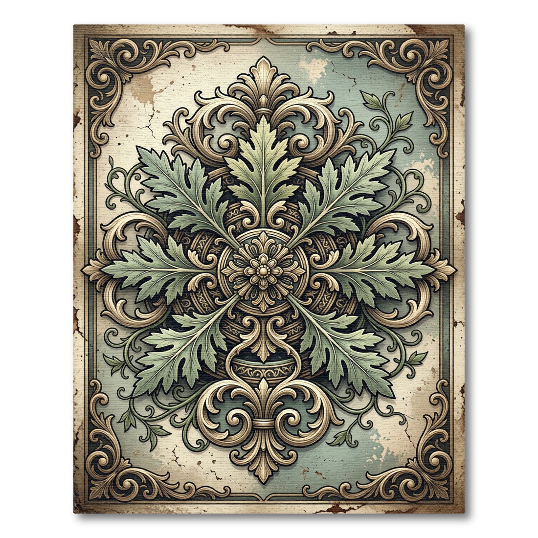 Elegant Sage Green Acanthus Medallion Rug