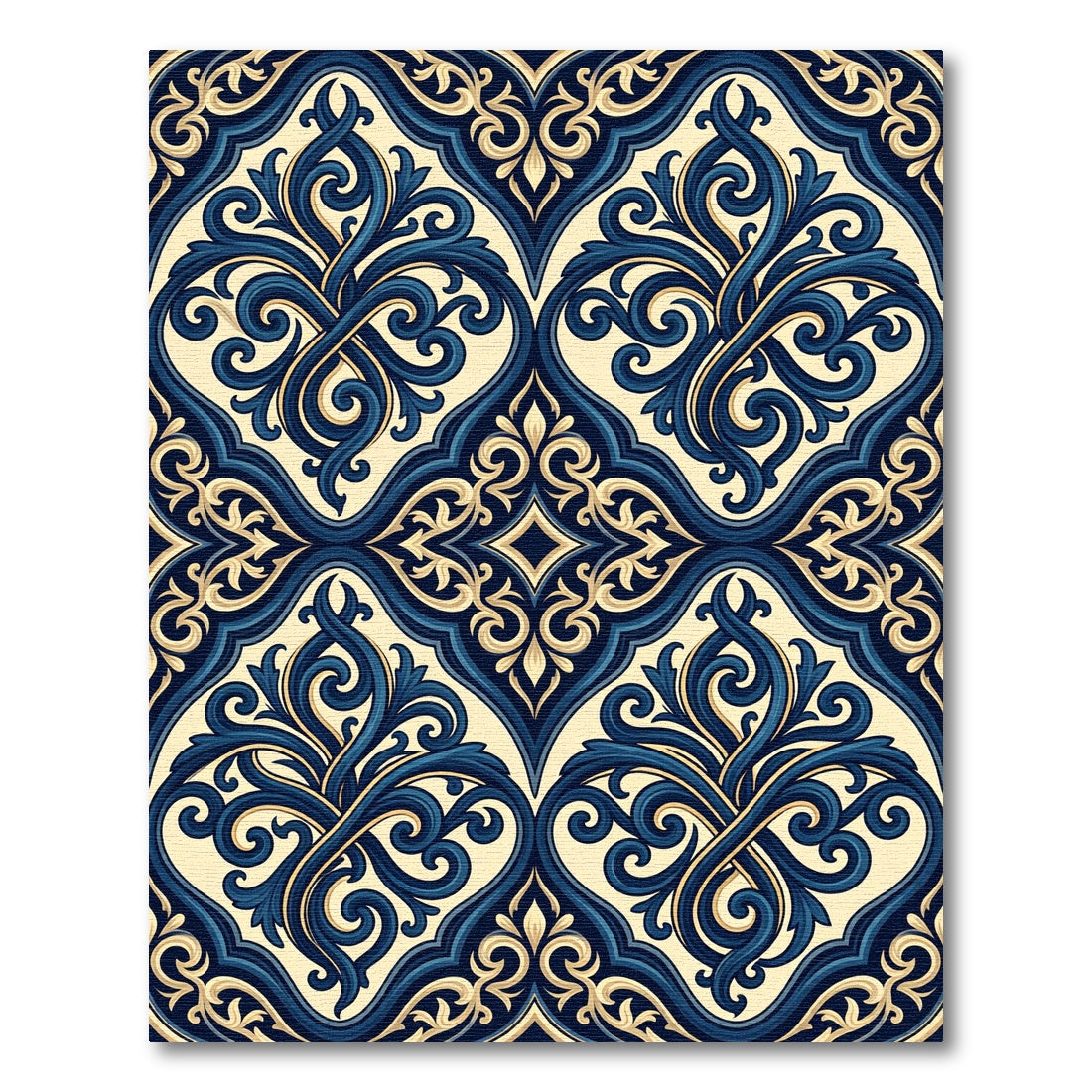 Elegant Navy and Cream Scrollwork Rug