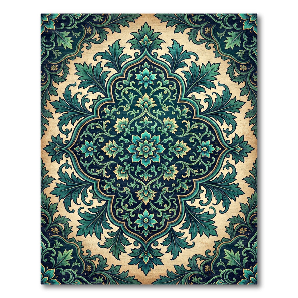 Earthy Teal Floral Damask Medallion Rug