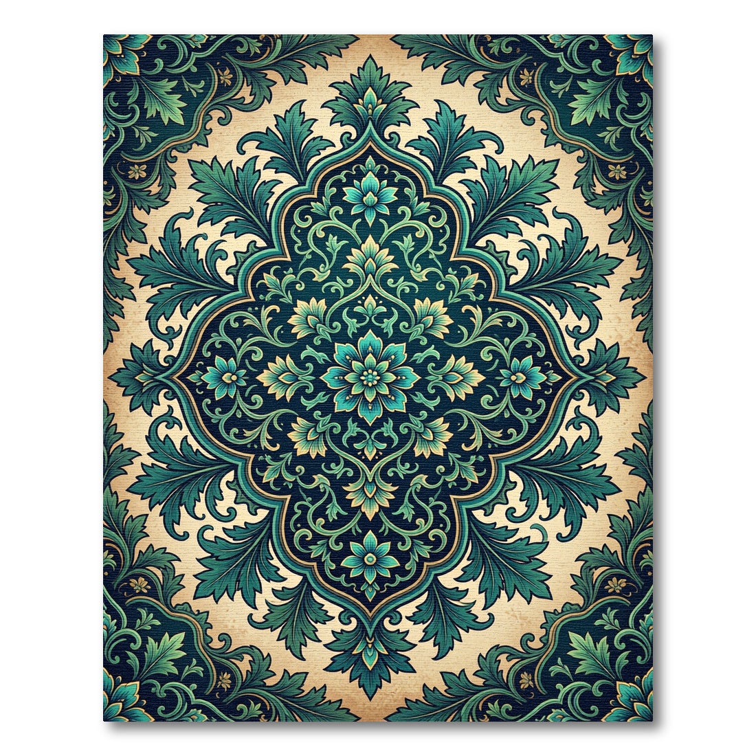 Earthy Teal Floral Damask Medallion Rug