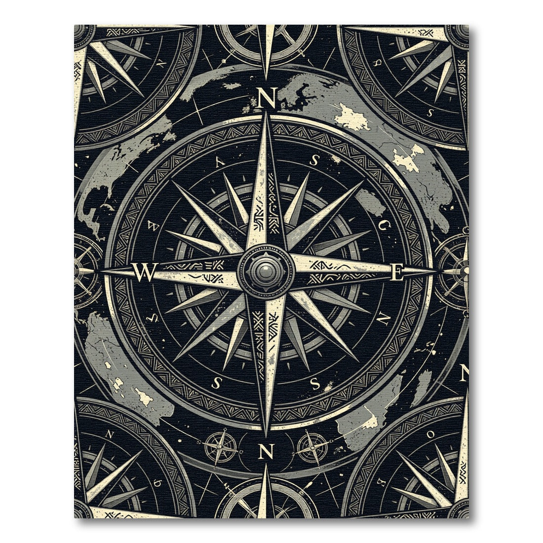 Vintage Compass Nautical Monochromatic Map Rug