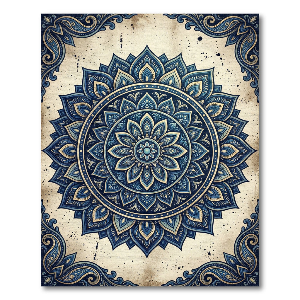 Intricate Navy Blue Lotus Mandala Rug