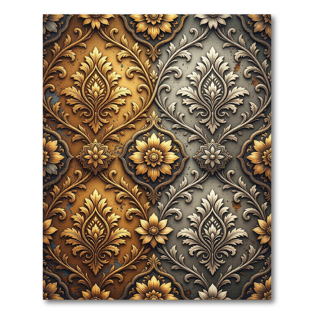 Gold and Silver Damask Floral Scroll Rug