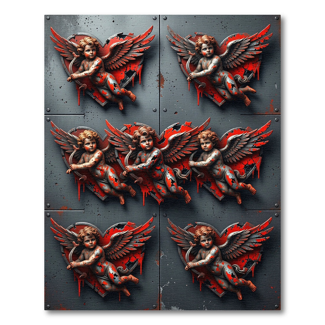 Red Winged Cherub Heart Triptych Rug