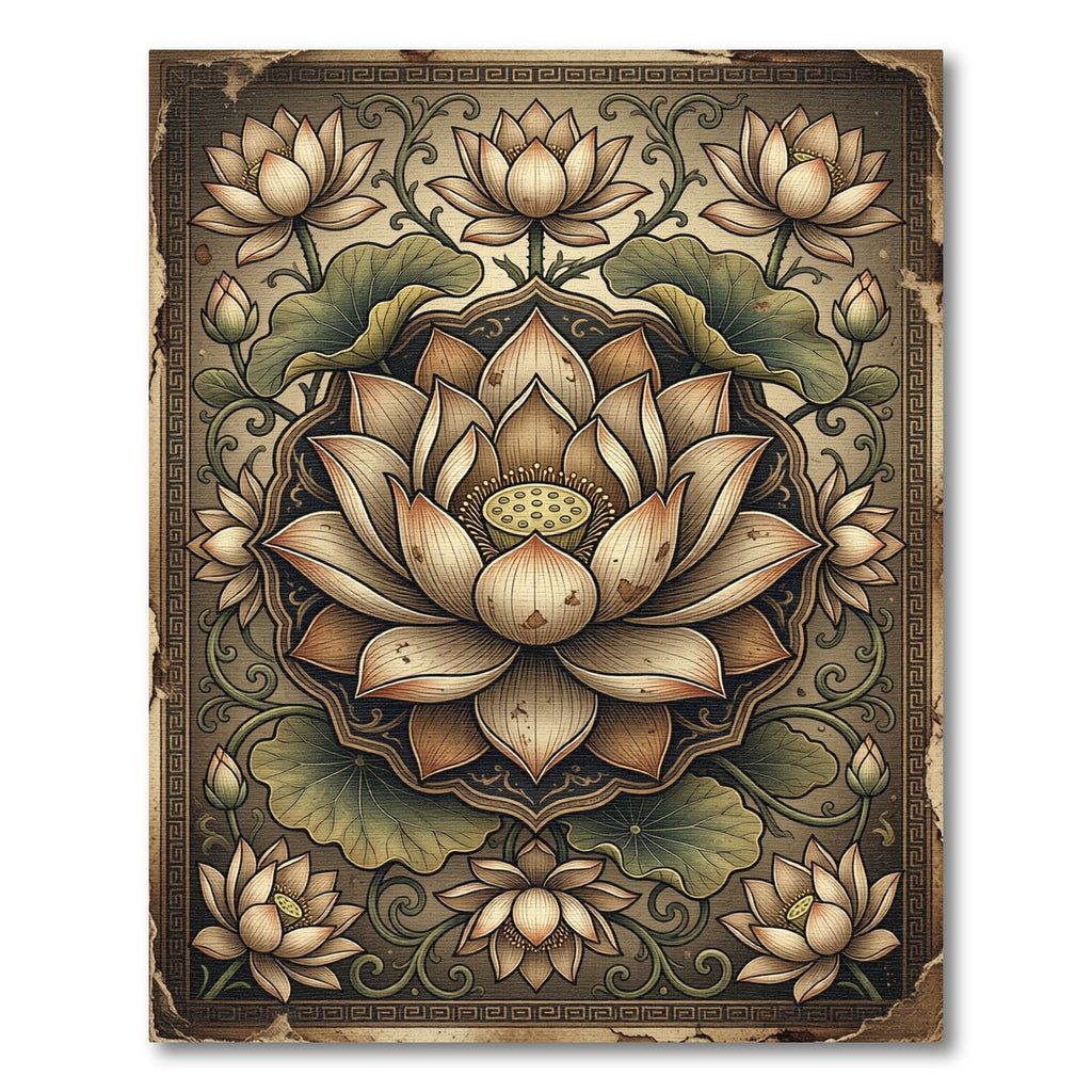 Vintage Earthy Beige Lotus Medallion Rug