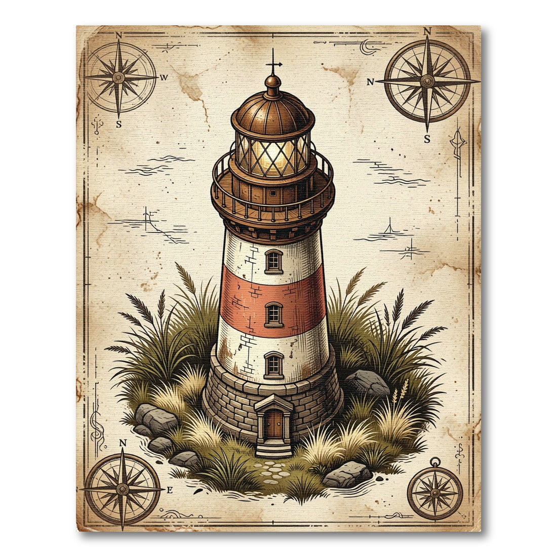 Nautical Lighthouse Vintage Compass Map Rug